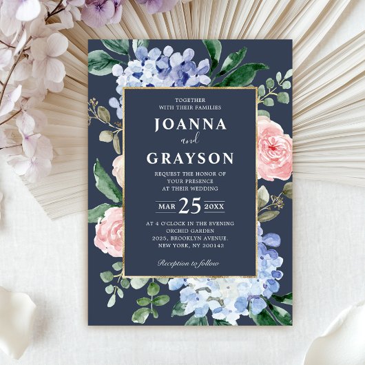 Invitation Hydrangeas bleu poussiéreux roses roses pastel mar