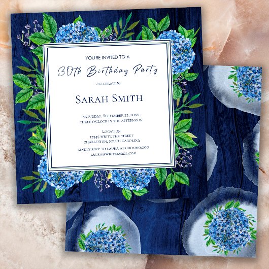 Invitation Hydrangeas Bleu Rustique Bois Fête d'anniversaire 