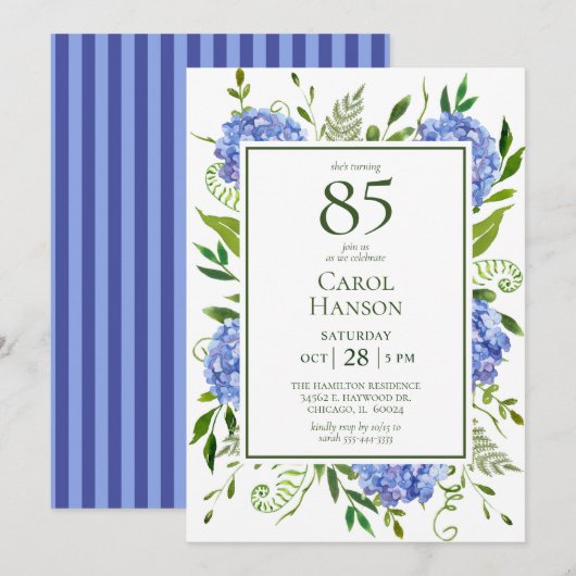 Invitation Hydrangeas bleues pour 85e anniversaire (Devant / Derrière)