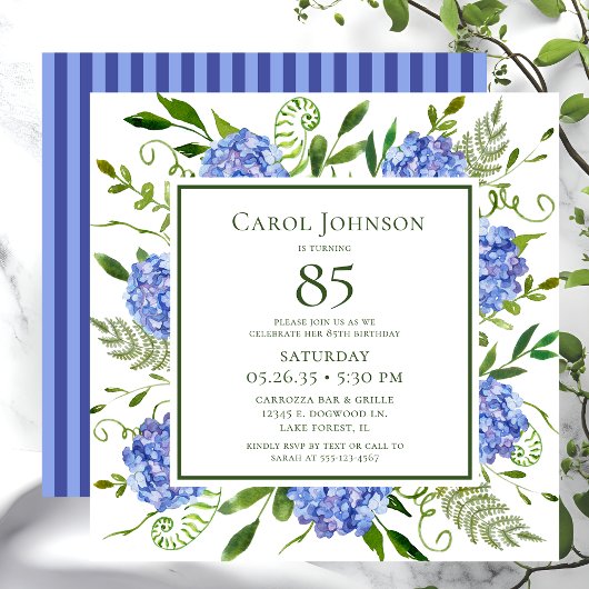 Invitation Hydrangeas bleues pour 85e anniversaire