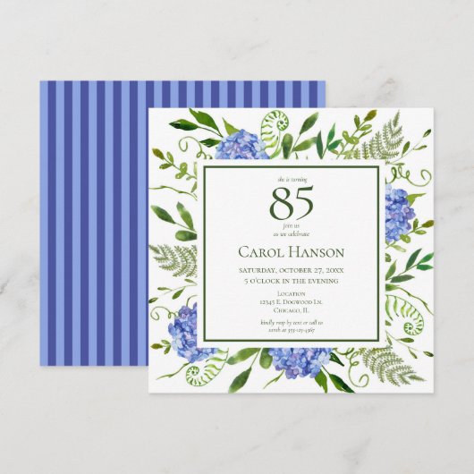 Invitation Hydrangeas bleues pour 85e anniversaire (Devant / Derrière)