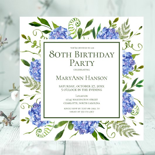 Invitation Hydrangeas Bleues pour les 80 ans - Aquarelle Flor