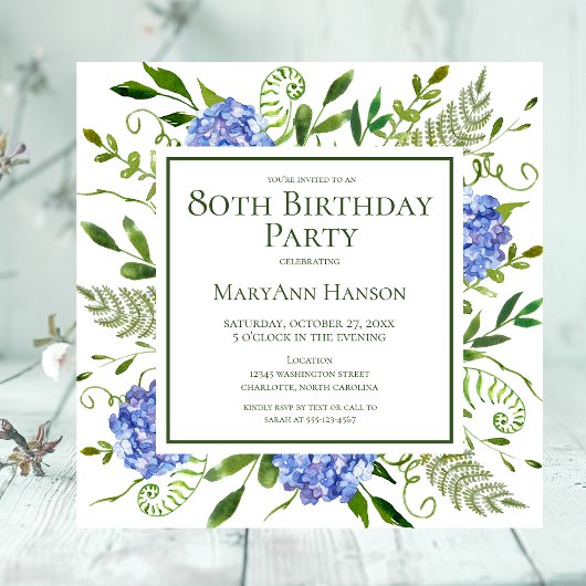 Invitation Hydrangeas Bleues pour les 80 ans - Aquarelle Flor