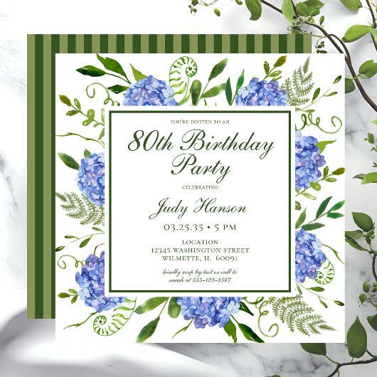 Invitation Hydrangeas Bleues pour les 80 ans - Aquarelle Flor