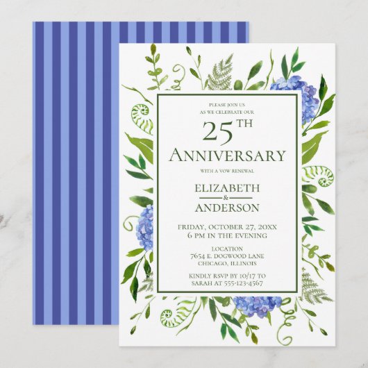 Invitation Hydrangeas Bleus 25e Anniversaire (Devant / Derrière)