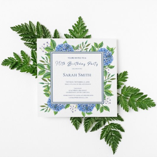 Invitation Hydrangeas Bleus Aquarelle Fête des 90 Ans