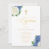 Invitation Hydrangeas Bleus Blancs Élégants Baptême Croix Dor (Devant)