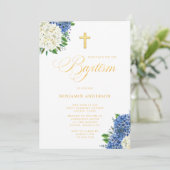 Invitation Hydrangeas Bleus Blancs Élégants Baptême Croix Dor (Debout devant)