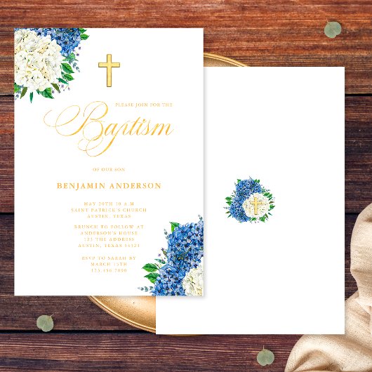 Invitation Hydrangeas Bleus Blancs Élégants Baptême Croix Dor