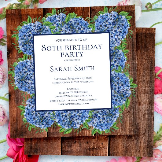 Invitation Hydrangeas Bleus Bois Anniversaire 80 Ans Fête Rus