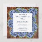 Invitation Hydrangeas Bleus Bois Anniversaire 80 Ans Fête Rus (Devant)