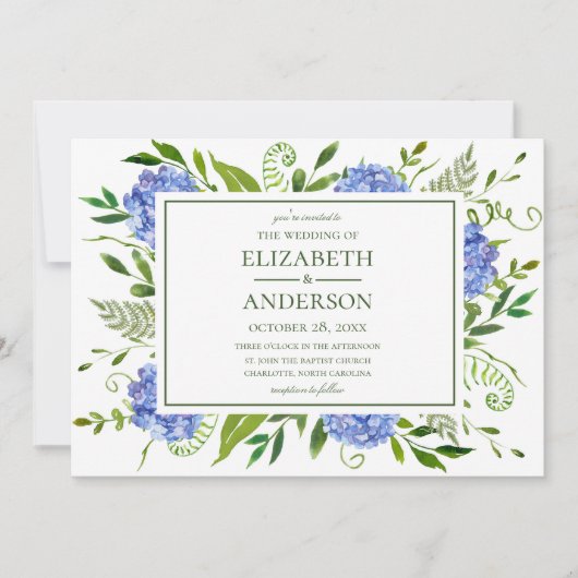 Invitation Hydrangeas Bleus de Mariage (Devant)