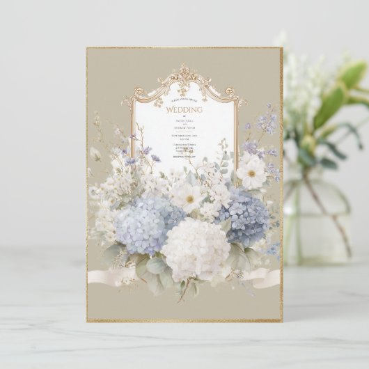 Invitation Hydrangeas Bleus Élégants Mariage Vintage (Debout devant)
