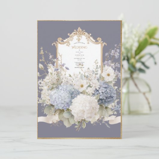 Invitation Hydrangeas Bleus Élégants Mariage Vintage Pourpre (Debout devant)