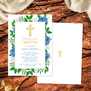 Invitation Hydrangeas Bleus Élégants Modernes Baptême Croix D