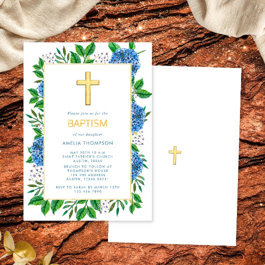 Invitation Hydrangeas Bleus Élégants Modernes Baptême Croix D