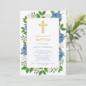 Invitation Hydrangeas Bleus Élégants Modernes Baptême Croix D (Debout devant)