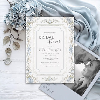 Invitation Hydrangeas Bleus Élégants Photo Vernis Mariage