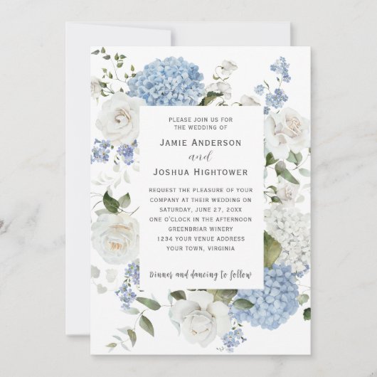 Invitation Hydrangeas Bleus et Blancs, Roses Blanches Floral (Devant)