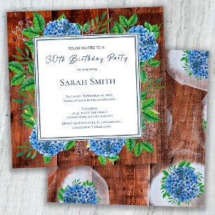 Invitation Hydrangeas Bleus Fête d'anniversaire 30 ans Bois r