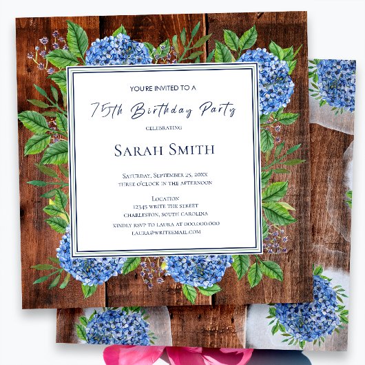 Invitation Hydrangeas Bleus Fête d'anniversaire 75 ans Bois r