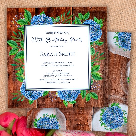 Invitation Hydrangeas Bleus Fête d'anniversaire Rustique en B
