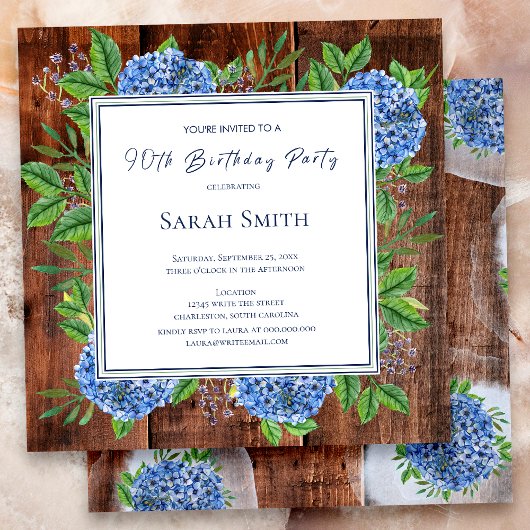 Invitation Hydrangeas Bleus Fête des 90 Ans Bois Rustique