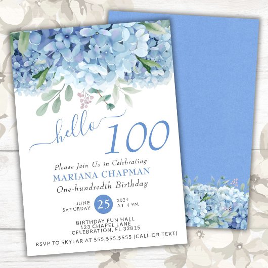 Invitation Hydrangeas Bleus Fleur Aquarelle 100e Anniversaire