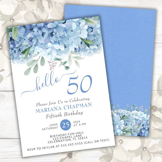 Invitation Hydrangeas Bleus Fleur Aquarelle 50e Anniversaire