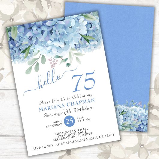 Invitation Hydrangeas Bleus Fleur Aquarelle 75e Anniversaire