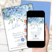 Invitation Hydrangeas Bleus Fleur Aquarelle 75e Anniversaire