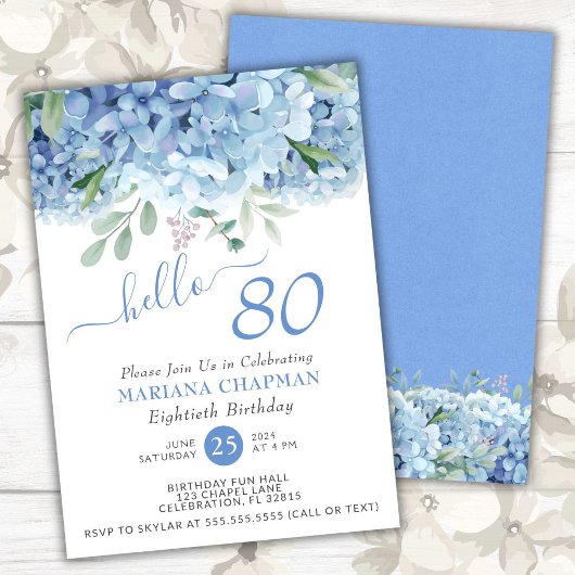 Invitation Hydrangeas Bleus Fleur Aquarelle 80e Anniversaire