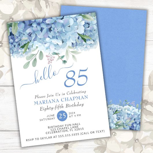 Invitation Hydrangeas Bleus Fleur Aquarelle 85e Anniversaire