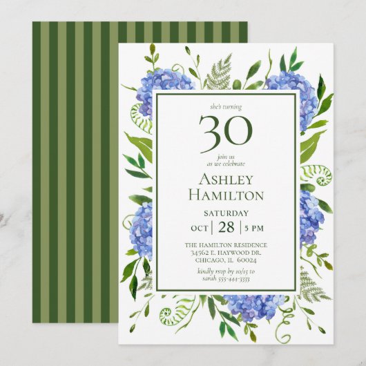 Invitation Hydrangeas bleus pour 30e anniversaire (Devant / Derrière)