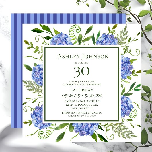 Invitation Hydrangeas bleus pour 30e anniversaire