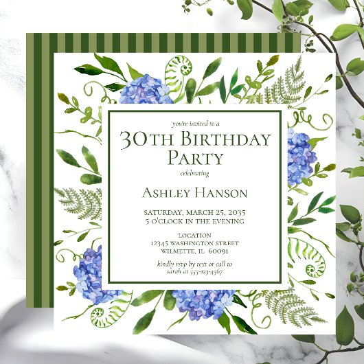 Invitation Hydrangeas bleus pour 30e anniversaire