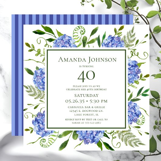 Invitation Hydrangeas bleus pour 40 ans