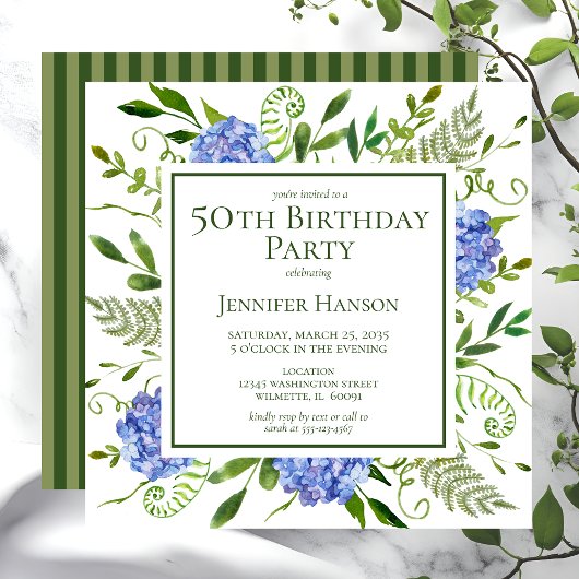 Invitation Hydrangeas bleus pour 50e anniversaire