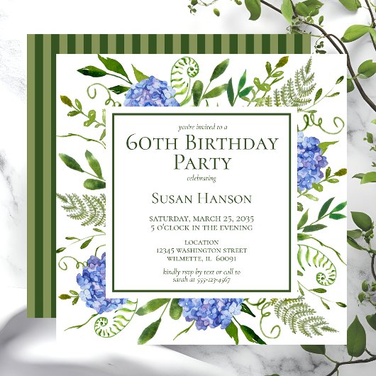 Invitation Hydrangeas bleus pour 60e anniversaire