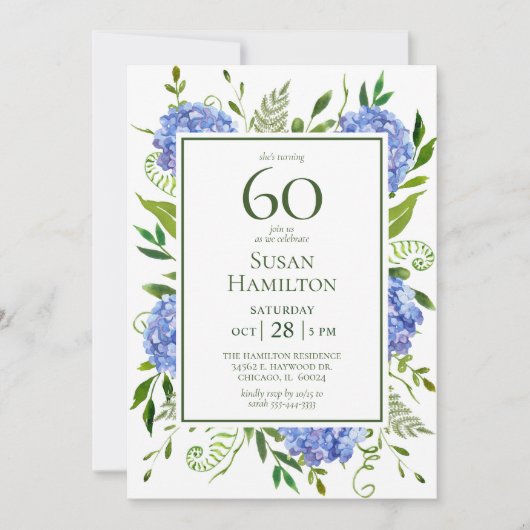Invitation Hydrangeas bleus pour 60e anniversaire (Devant)