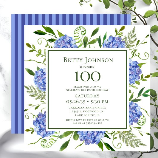 Invitation Hydrangeas bleus pour les 100 ans