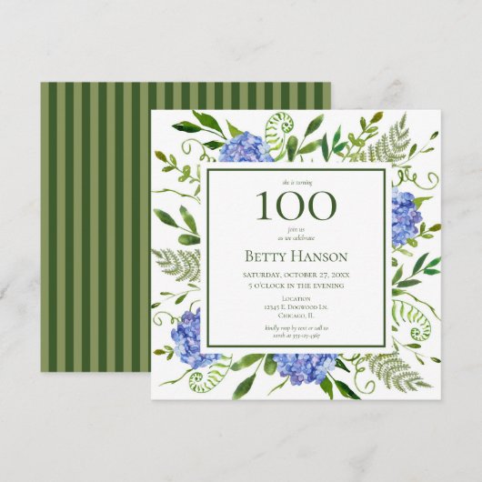 Invitation Hydrangeas bleus pour les 100 ans (Devant / Derrière)