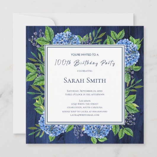 Invitation Hydrangeas Blue Rustic Wood 100e fête d'anniversai (Devant)