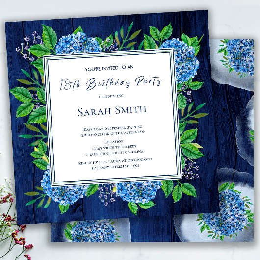 Invitation Hydrangeas Blue Rustic Wood 18e fête d'anniversair
