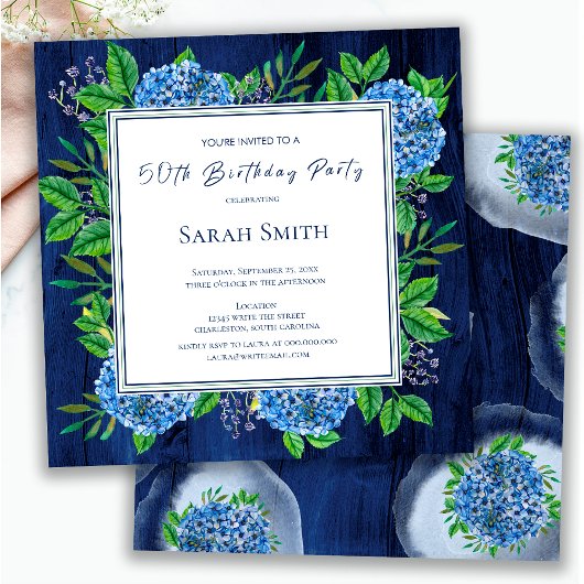 Invitation Hydrangeas Blue Rustic Wood 50e anniversaire