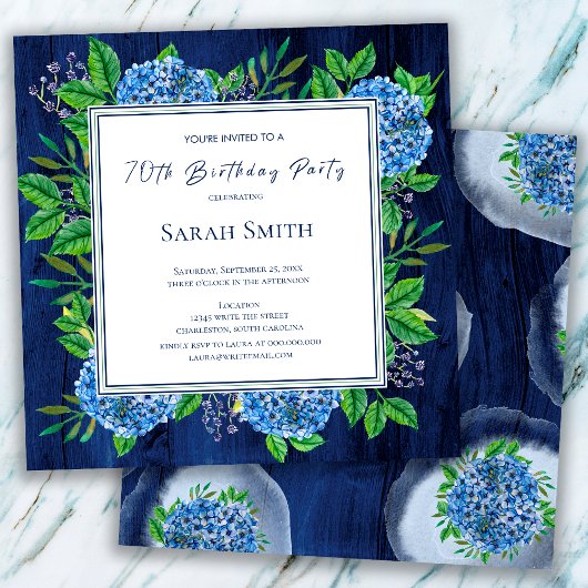 Invitation Hydrangeas Blue Rustic Wood 70e anniversaire