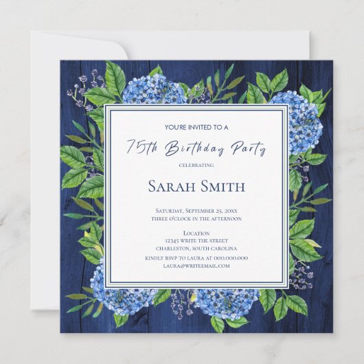 Invitation Hydrangeas Blue Rustic Wood 75e anniversaire (Devant)