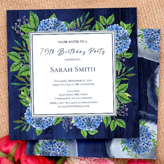 Invitation Hydrangeas Blue Rustic Wood 75e anniversaire
