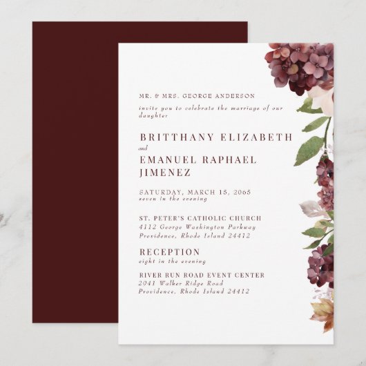Invitation Hydrangeas Bourguignon Fleur 2 Lieu Mariage (Devant / Derrière)
