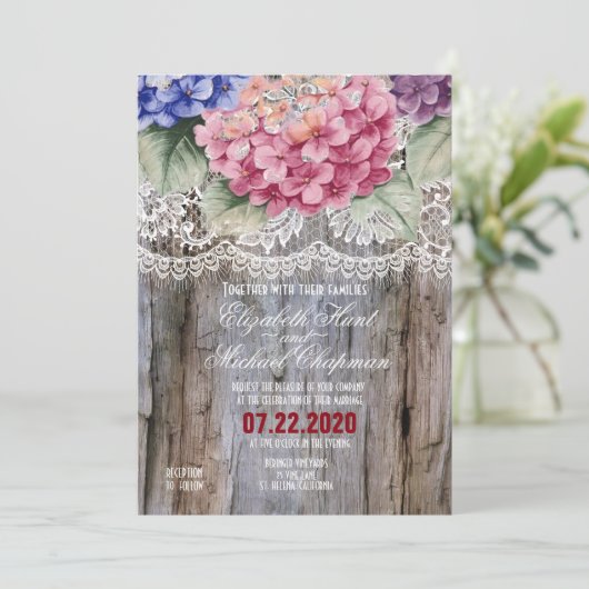 Invitation Hydrangeas dentelle et grange mariage en bois Invi (Debout devant)